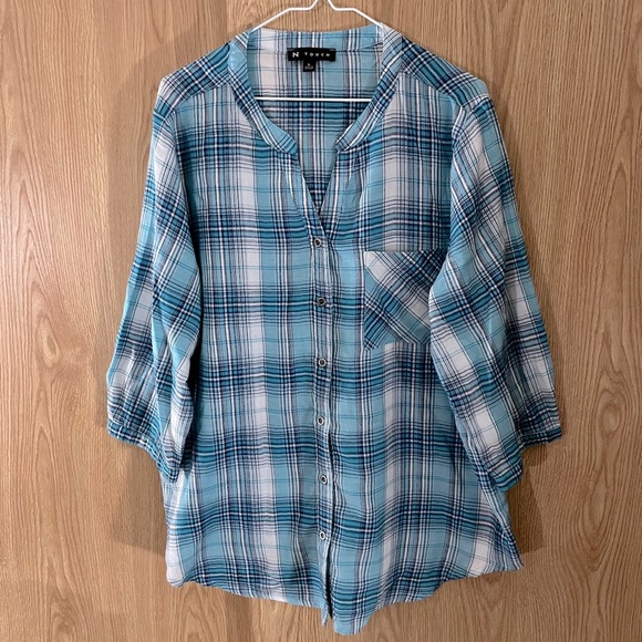 Plaid Turquoise/Navy/White Button Down Shirt Lightweight Casual Blouse - Picture 1 of 3